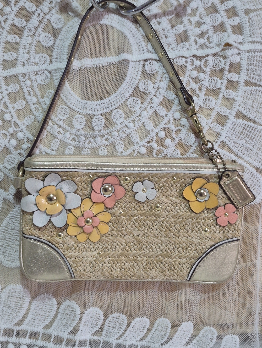 Coach Straw Wristlet with Pink, Yellow & White Flower Appliqués